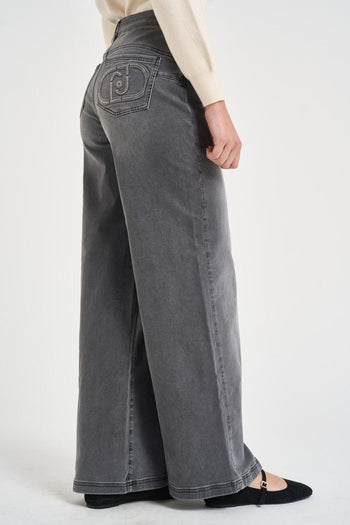 Jeans donna gamba larga in denim grigio - 4