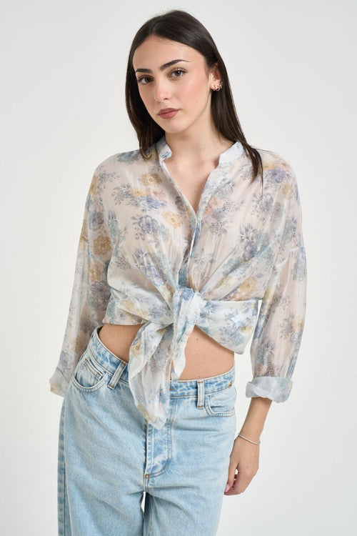 Camicia donna fantasia floreale celeste - 1
