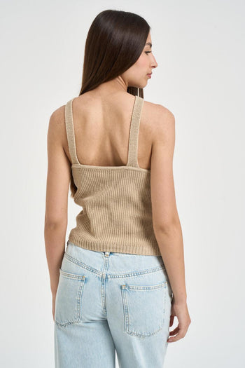 Top donna in maglia a costine beige - 4
