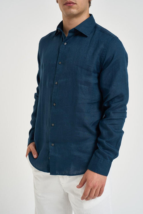 Camicia uomo in lino blu