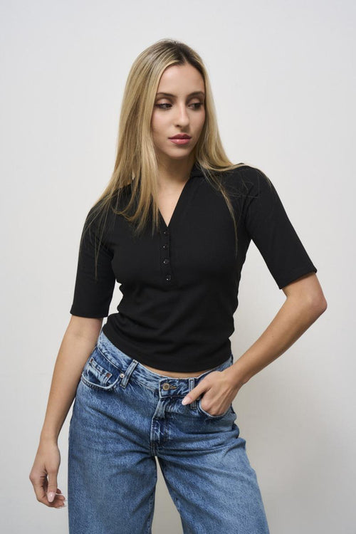 Women's black V-neck polo shirt