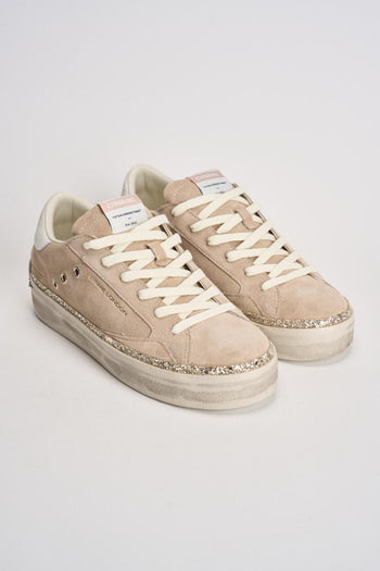 Sneakers donna in suede beige con glitter oro - 3