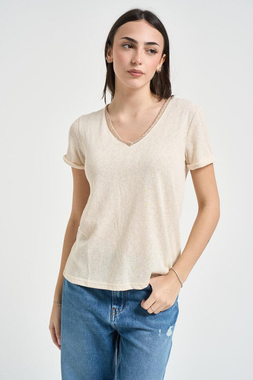 T-shirt donna beige con glitter su scollo