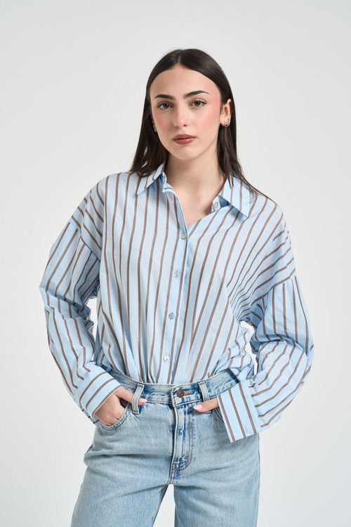 Camicia donna a righe celeste e marrone - 1