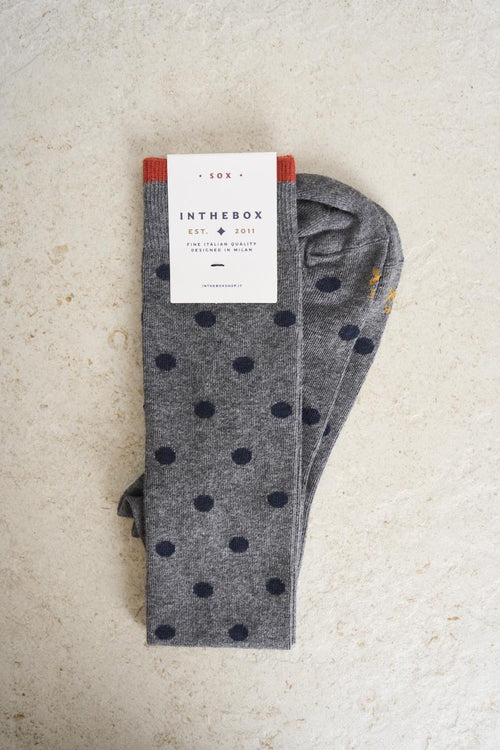 Men's grey socks with blue polka dots