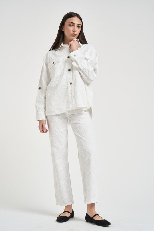 Camcia donna con ricami in denim bianco