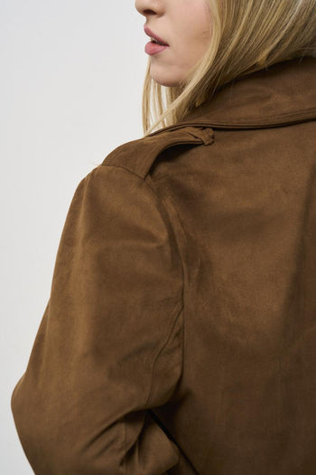 Women's brown suede cropped trench coat - 5