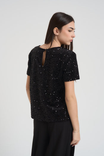 T-shirt donna girocollo con paillettes nera - 4