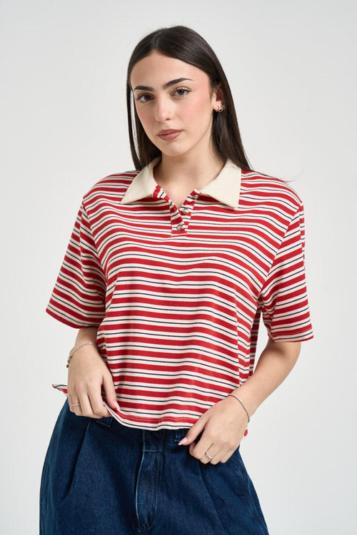 Polo donna cropped a righe rossa - 1