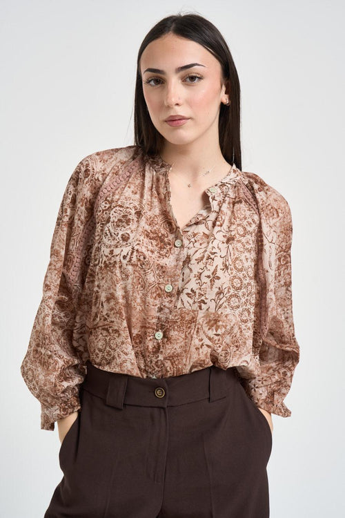 Camicia donna floreale rosa e marrone