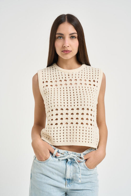 Top donna in maglia traforata panna