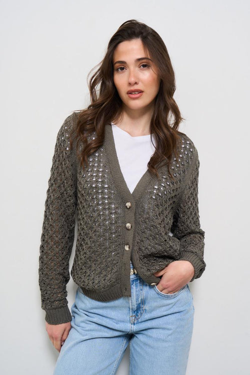 Cardigan donna traforato verde militare