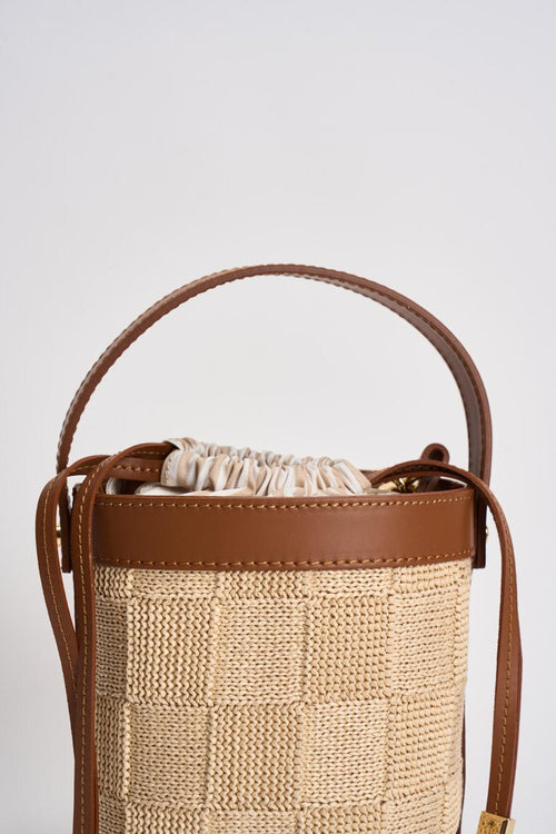 Borsa donna secchiello in rafia beige e cuoio - 2