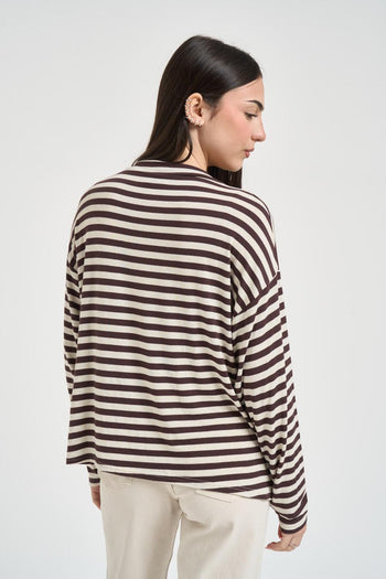 Maglia donna girocollo a righe marrone - 3