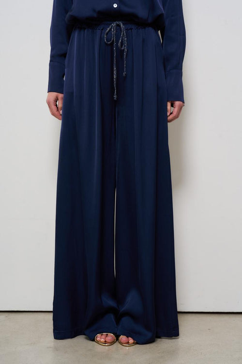 Pantalone donna a palazzo satinato blu - 1