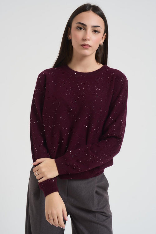 Maglia donna girocollo con strass bordeaux
