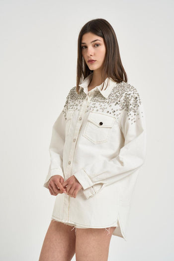Camicia donna in denim bianca con strass - 3