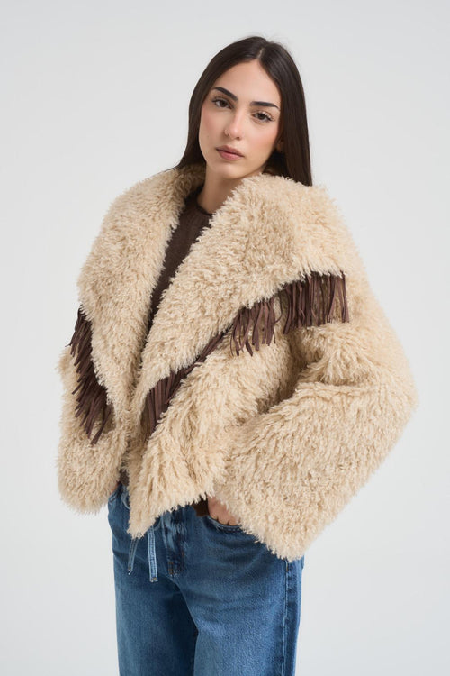 Ecopelliccia donna con frange beige - 2