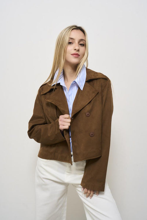 Women's brown suede cropped trench coat - 2