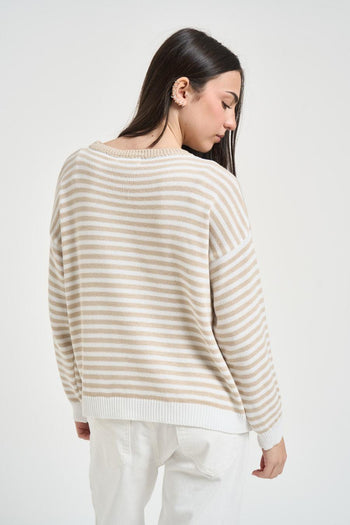 Maglia donna a righe beige - 4