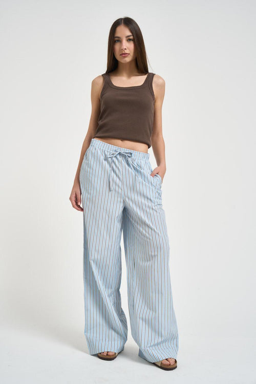 Pantalone donna a righe multicolor celeste