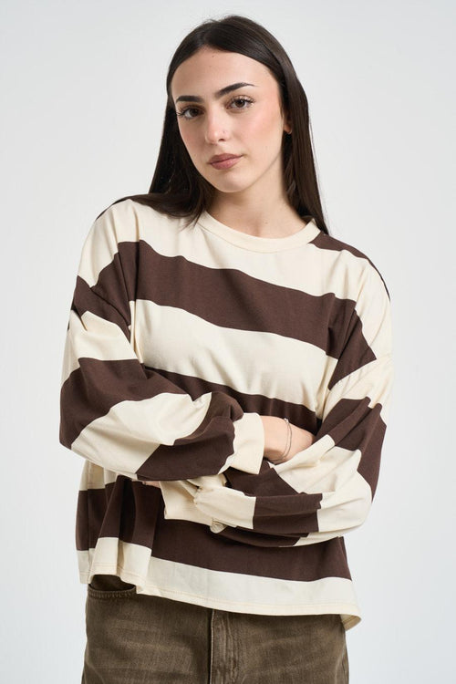 Maglia donna a righe marrone e panna