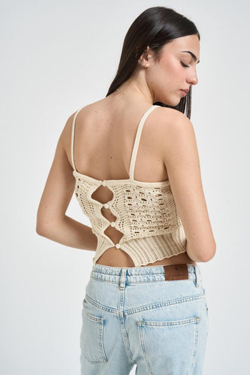Top donna cropped in maglia traforata beige - 3