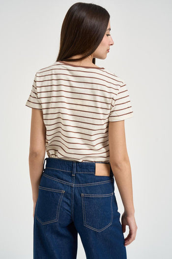 T-shirt donna girocollo a righe marrone - 3