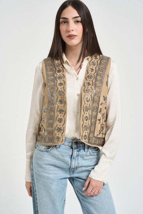 Gilet donna con ricami e perline beige - 1