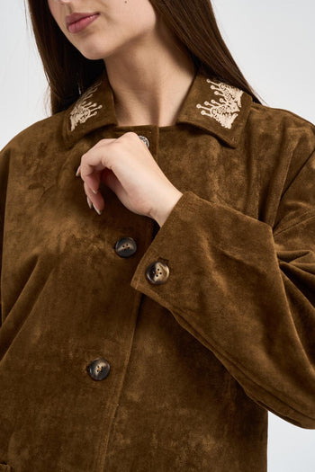 Giacca donna in suede marrone con ricami - 3