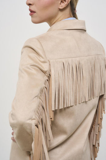 Women's beige suede jacket with fringes - 5