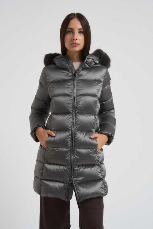 Piumino donna trapuntato con bordo in vera pelliccia grigio - 2