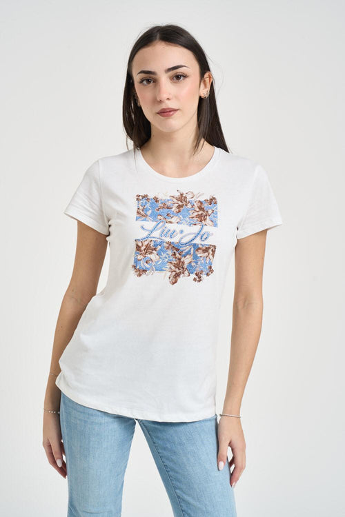 T-shirt donna girocollo con strass bianca