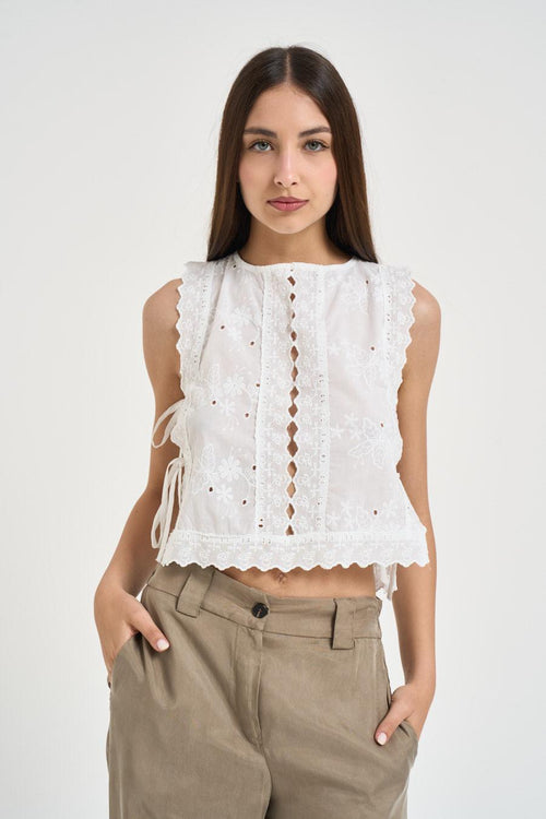 Top donna bianco in cotone sangallo