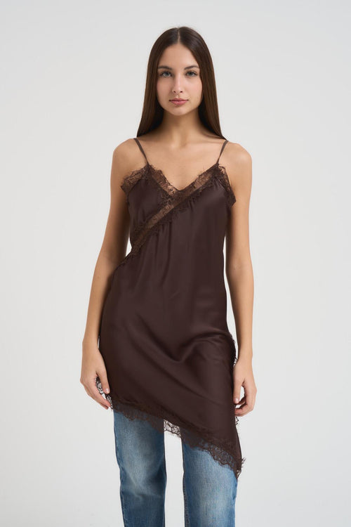 Abito donna asimmetrico in pizzo marrone