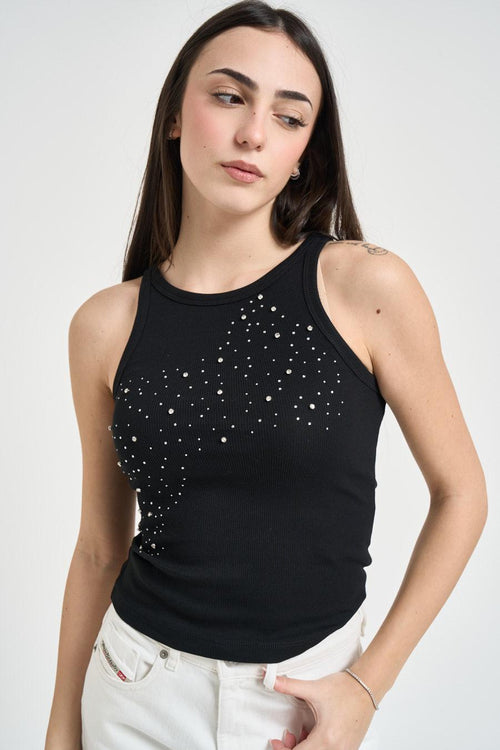 Top donna girocollo nero con strass - 2