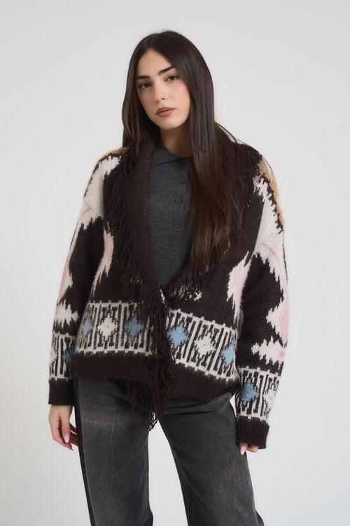 Cardigan donna scollo profondo con frangia marrone