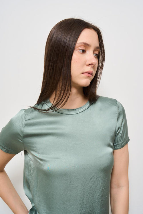 T-shirt donna girocollo verde satinata - 2