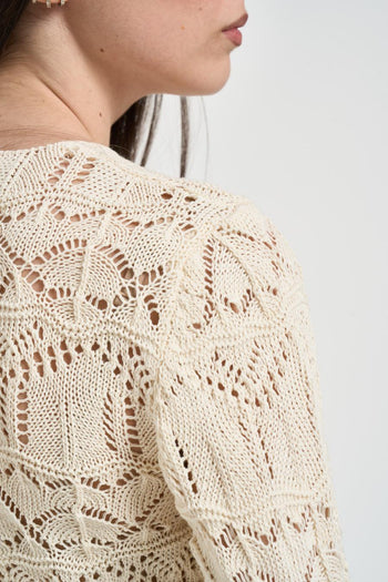 Cardigan donna cropped in maglia traforata panna - 4