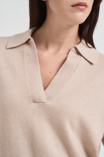 Maglione donna con colletto polo beige - 3