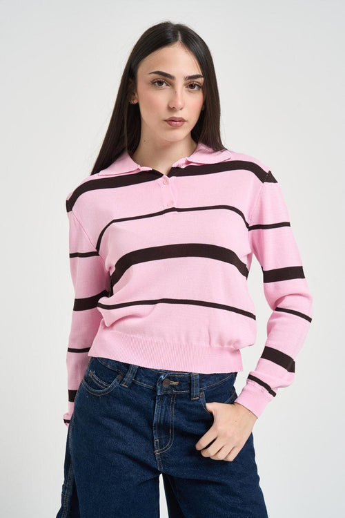 Polo donna a righe rosa e marrone - 1