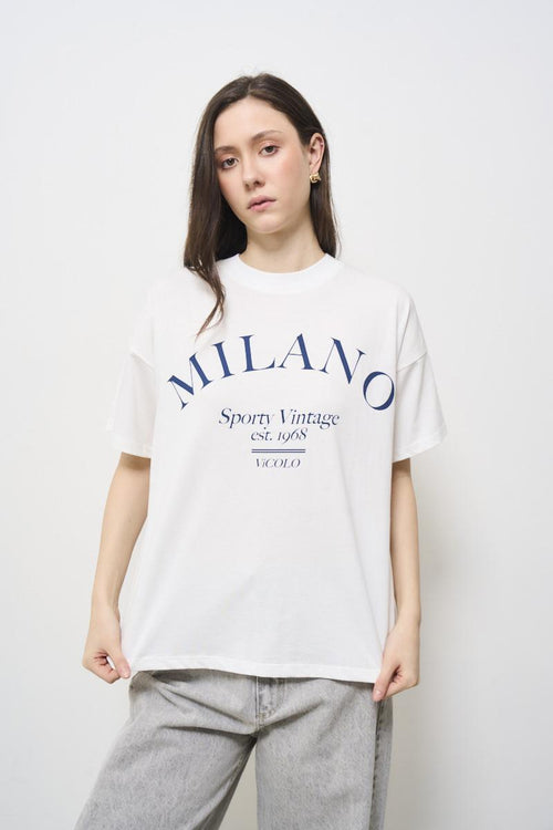 White women's t-shirt with blue print