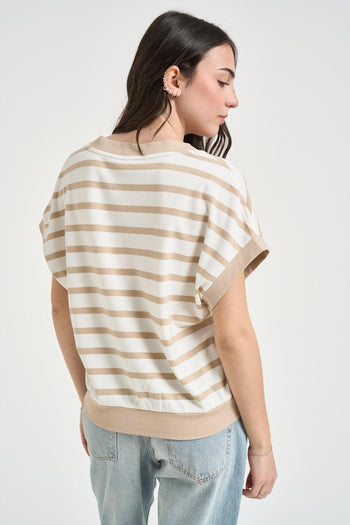 T-shirt donna a righe bianca e beige - 4