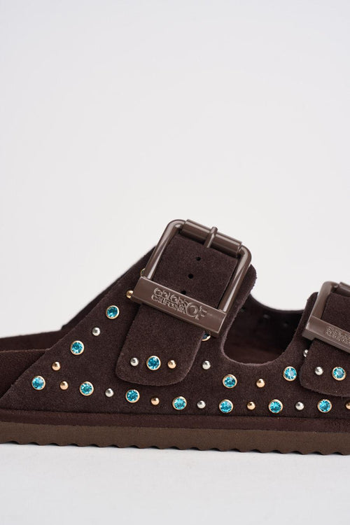 Sandalo donna in suede marrone con borchie - 2
