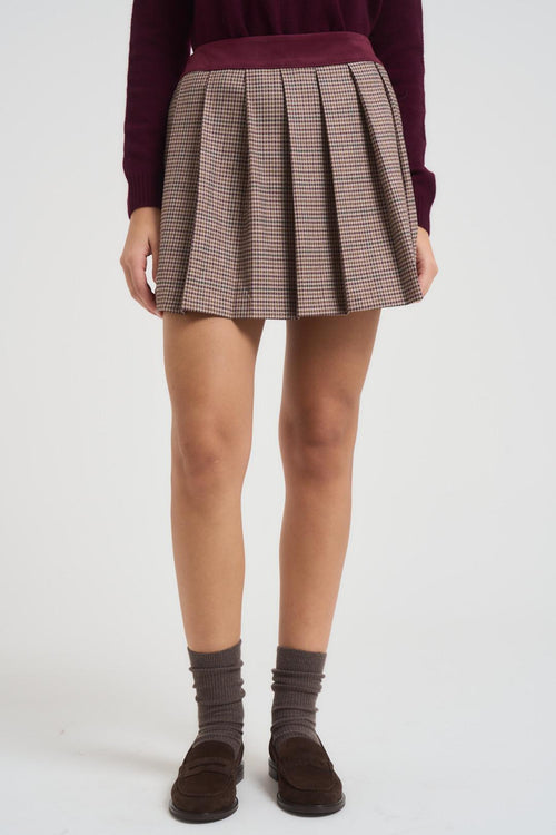 Minigonna donna a pieghe in pied de poule vino - 2