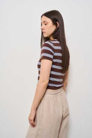 T-shirt donna girocollo a righe marroni e celeste - 3