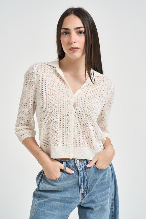 Polo donna traforata in maglia panna