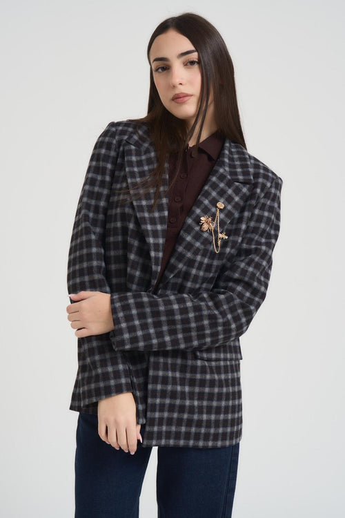 Blazer donna in check nero con spille - 2