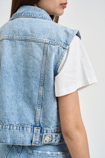 Gilet donna in denim azzurro con perle - 5