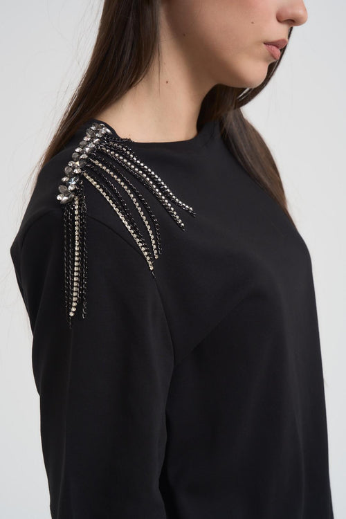 T-shirt donna girocollo nera con strass - 2